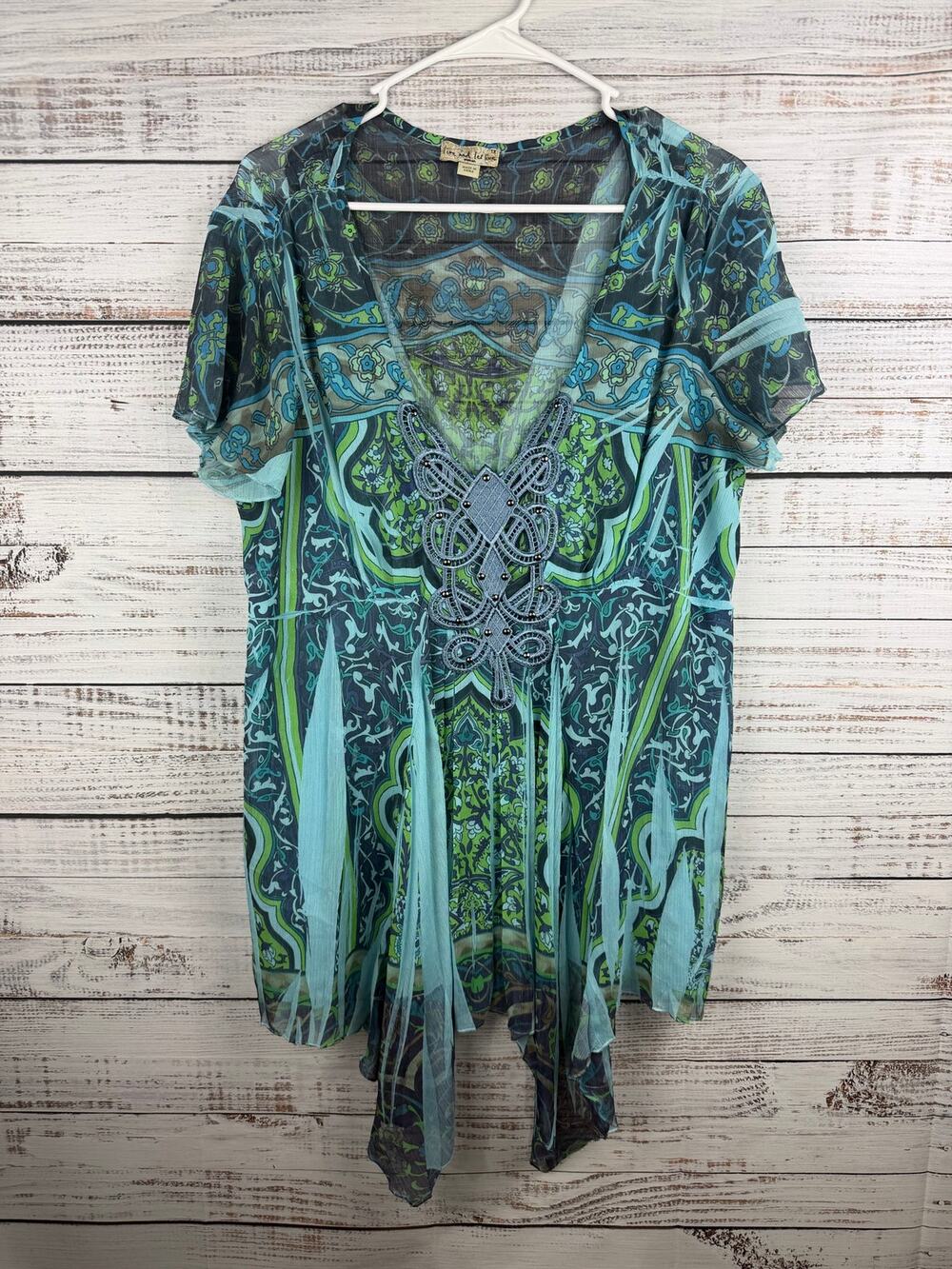 World Unity Top Womens 1X Blue Tunic Embellished Boho Festival Hippie Artsy Y2K